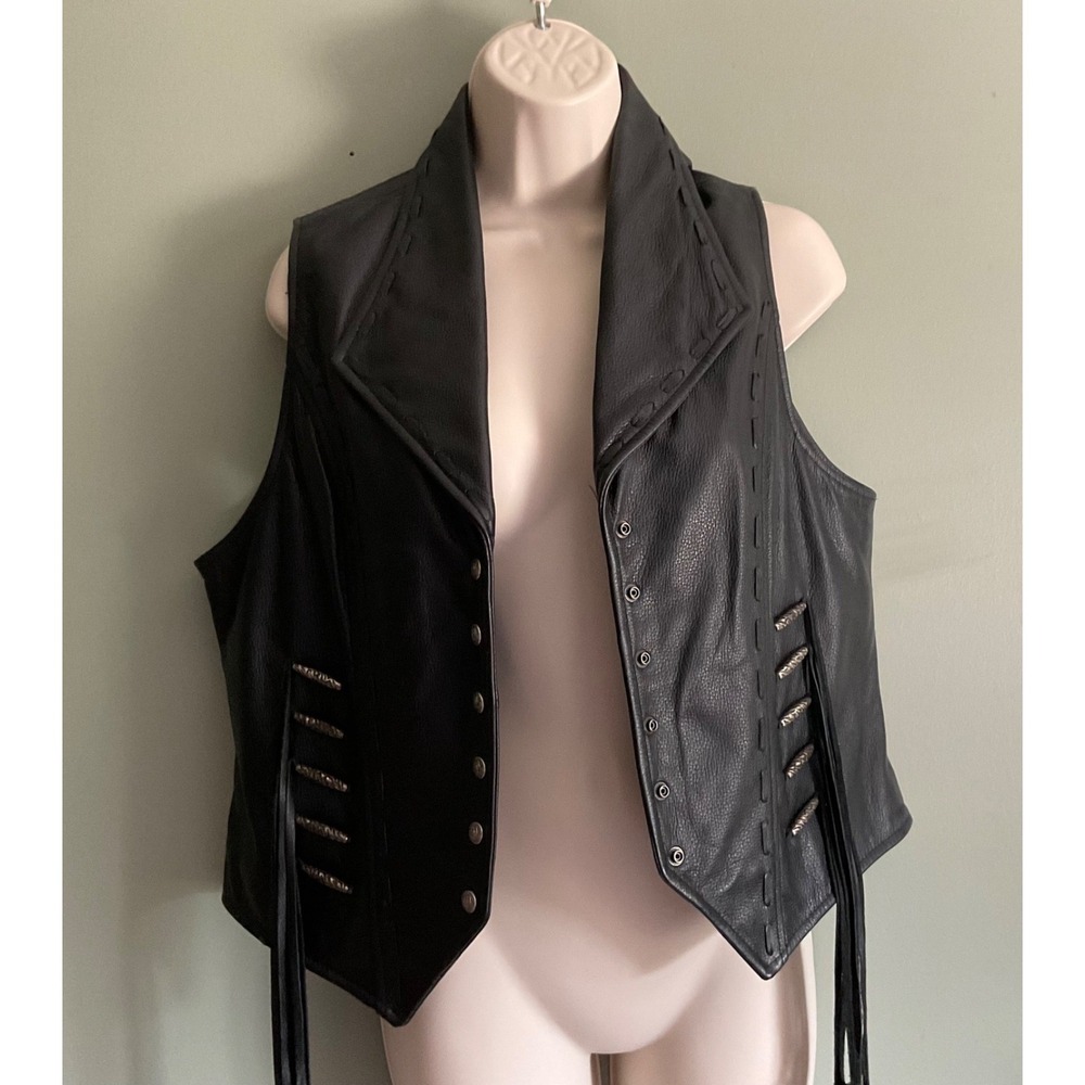Womens Harley Davidson Black Leather Vest M 38" Bust Lace Fringe Snaps Beads - Picture 9 of 9